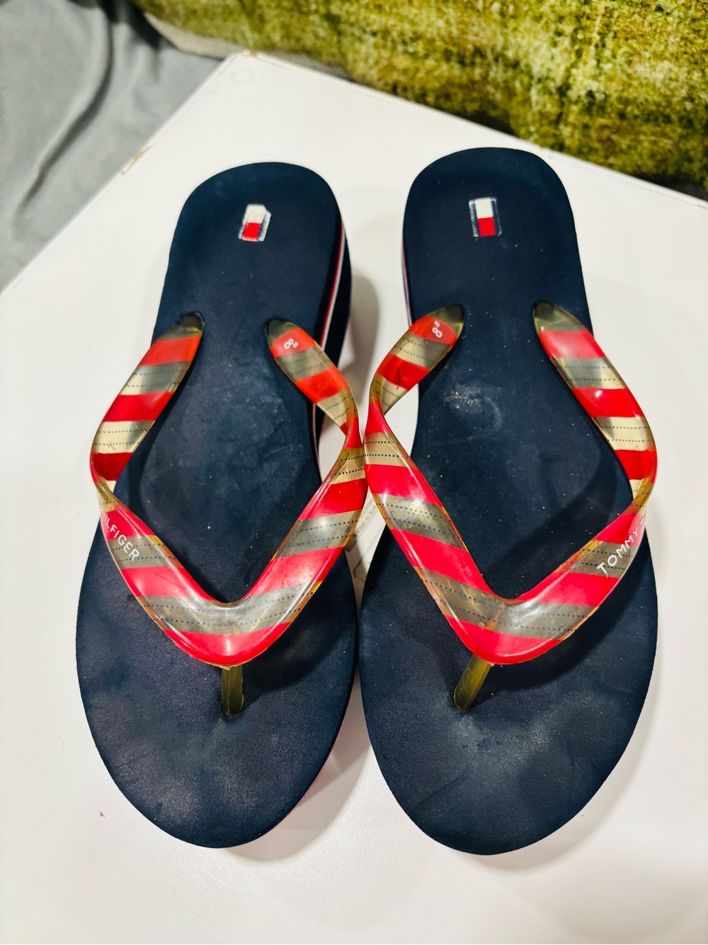 Tommy Hilfiger Navy Flip Flops with Red and Gold Striped Straps